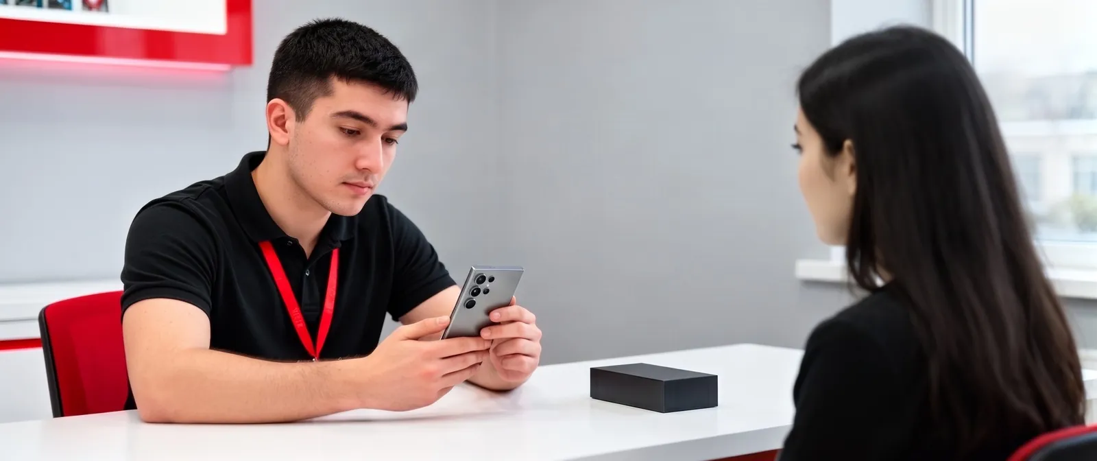 Оценщик ломбарда Topcash проверяет камеры смартфона Samsung Galaxy при клиентке