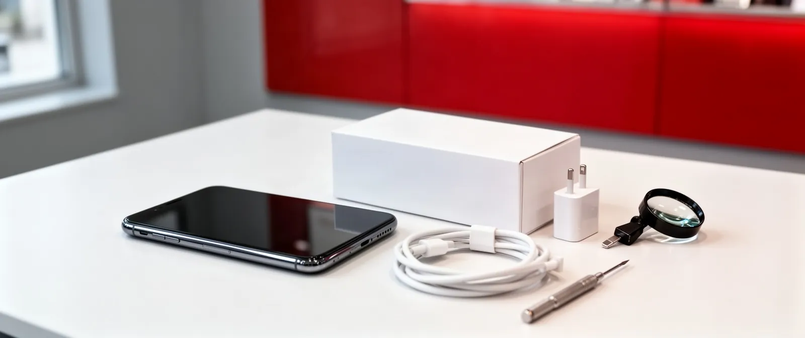 Смартфон с коробкой и зарядным устройством на столе оценщика