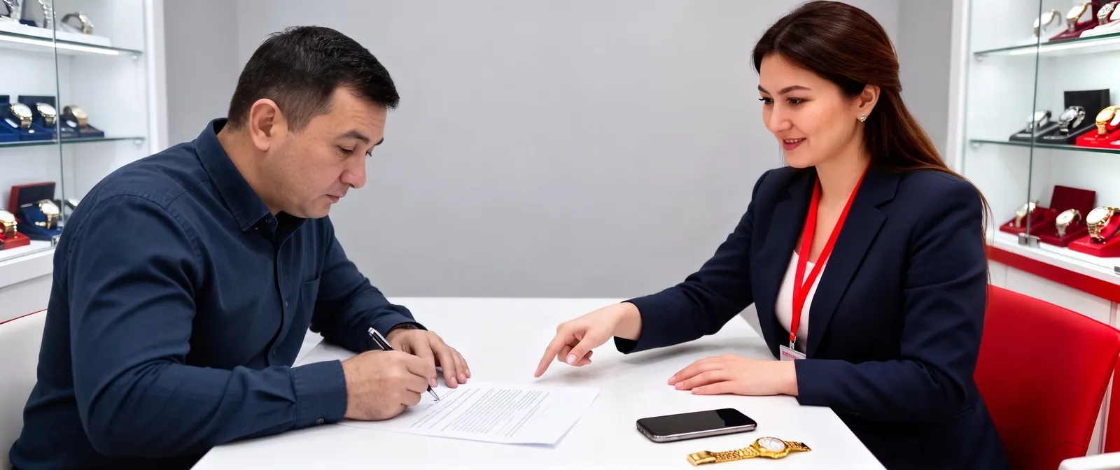 Клиент подписывает договор купли-продажи, оценщица ломбарда Topcash показывает, где подпись